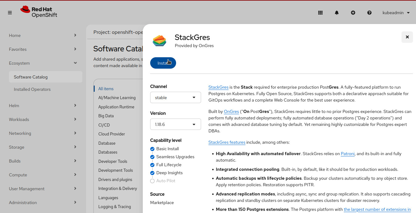 Search the StackGres Operator from the OperatorHub tab