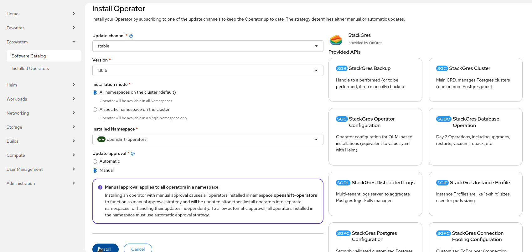 Search the StackGres Operator from the OperatorHub tab