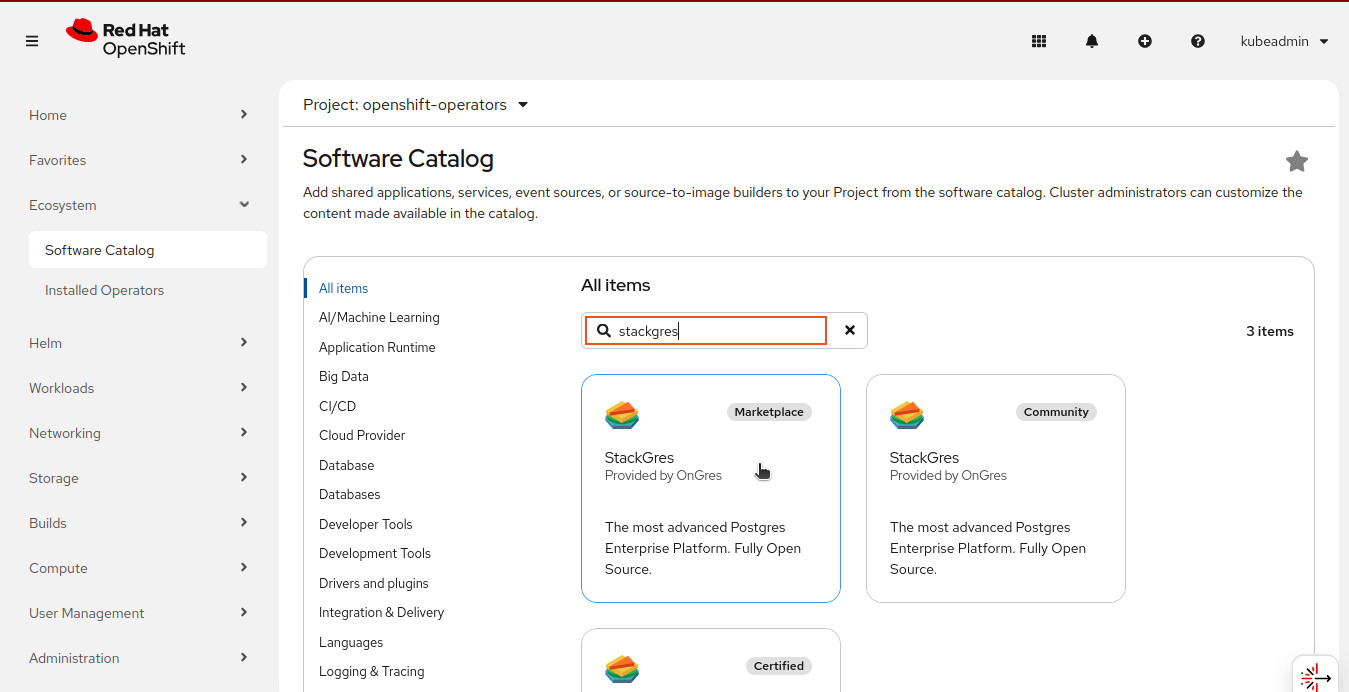 Search the StackGres Operator from the OperatorHub tab