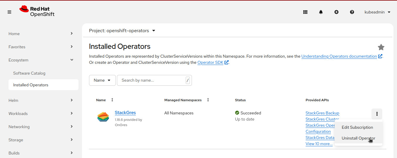 Uninstall operator from the OpenShift Web Console