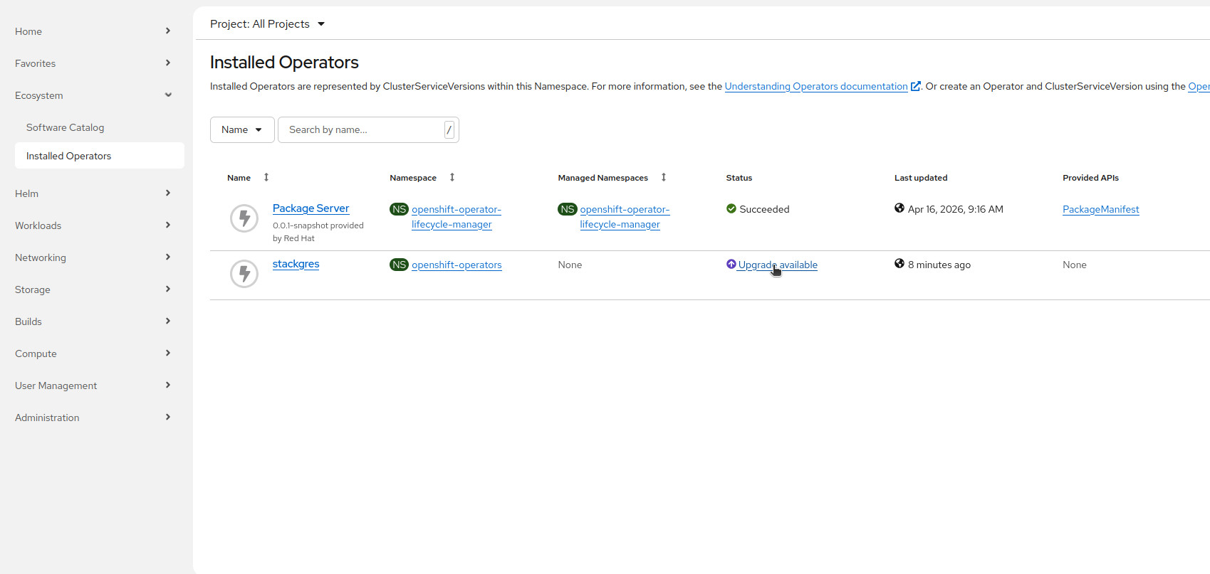 Search the StackGres Operator from the OperatorHub tab