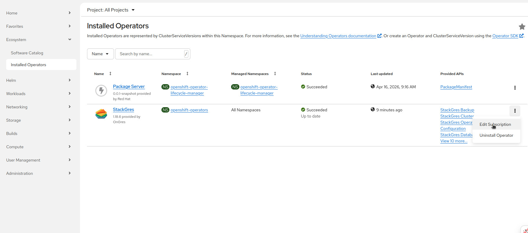 Search the StackGres Operator from the OperatorHub tab
